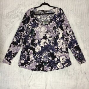 Simply Vera Vera Wang Purple Floral V-Neck Top Plus Sz 3X Long Sleeve Tee Rayon